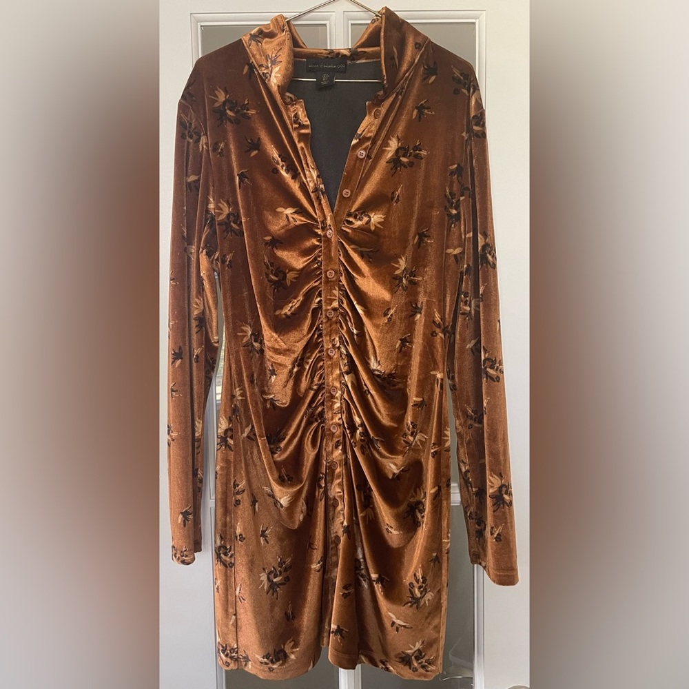 House of Harlow 1960 | Bronze Velvet Floral Ruched Mini Dress